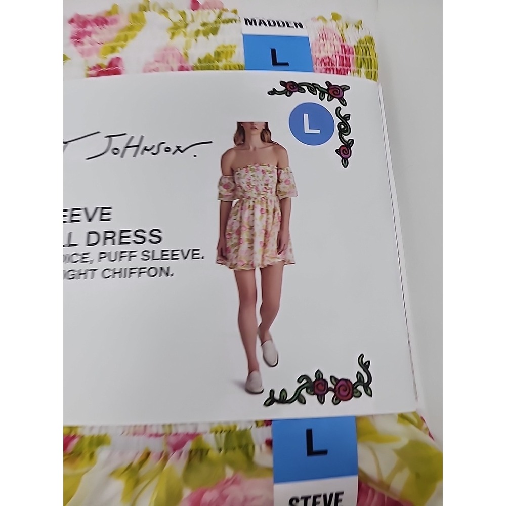 BETSY JOHNSON Puff Sleeve Babydoll Dress‎ L White Floral Ruffle